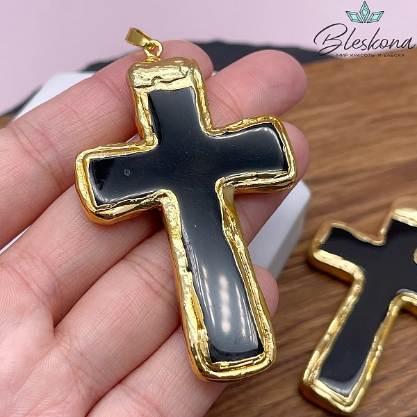 41*68 мм Цвет золото, Подвеска крест Черный Агат в обрамлении