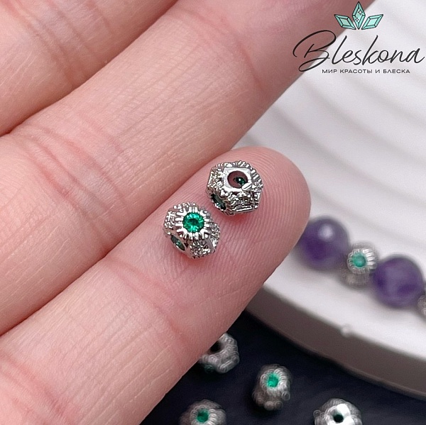 3,8*5,6 мм Цвет серебро, Бусина-разделитель зеленый циркон