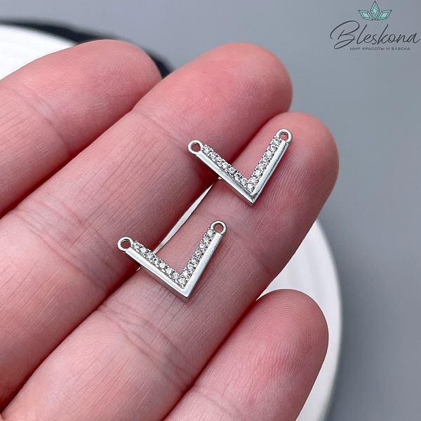 10,5*14,5мм, цвет серебро, Коннектор форму V цирконы 