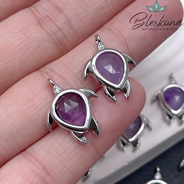 19*15 мм, Цвет серебро, Подвеска Черепаха Аметист