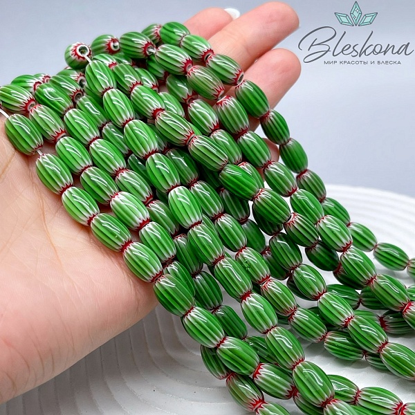 Муранское стекло бочата красно- зеленые, полосы 12*8 мм
