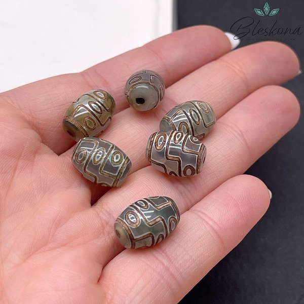 Бусина Дзи 9 глаз зелено-коричневый бочонок 14*10 мм