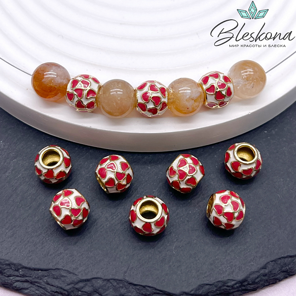 8*10 мм Цвет золото, Бусина бочонок сердечки эмаль