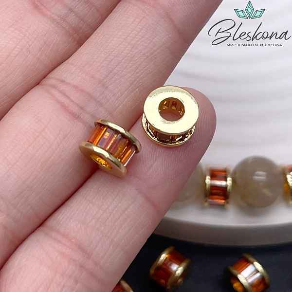 8*5 мм Цвет золото, Бусина - разделитель оранжевый циркон