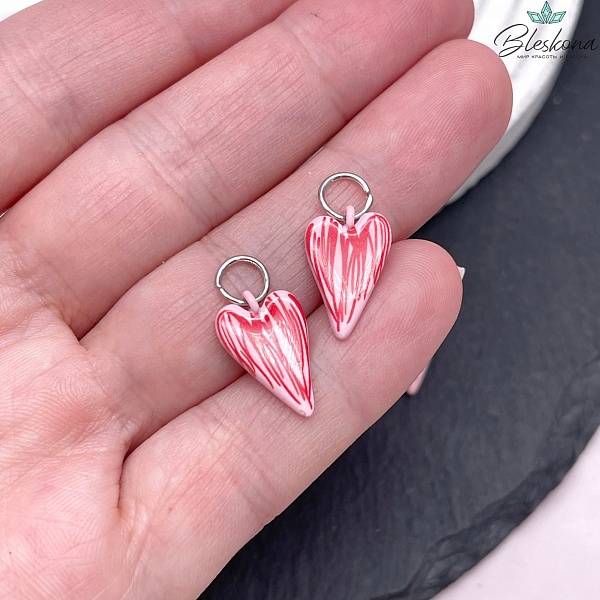 15,5*10 мм, Цвет серебро, Подвеска сердце розовое полосы эмаль