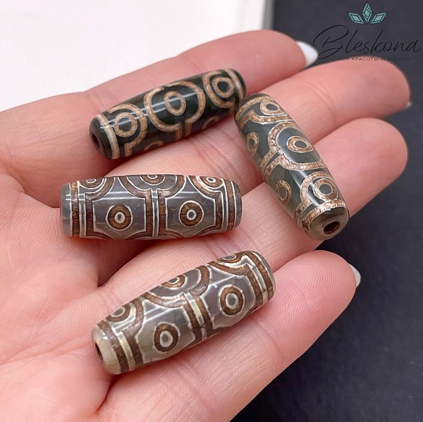 Бусина Дзи 10 глаз зелено - коричневый бочонок 30*11 мм