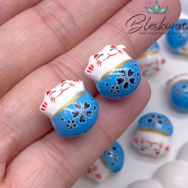 13,5*13 мм Керамика бусина Котик голубой, отверстие поперек