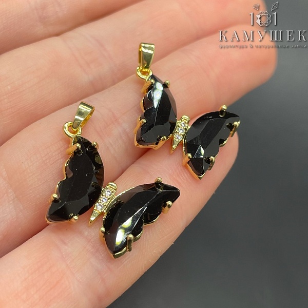 16*22мм, Цвет золото, Подвеска Бабочка черное стекло 