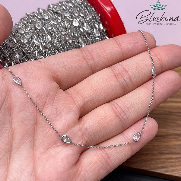 Цепь №204 цвет серебро, капля циркон 8*3,5 мм
