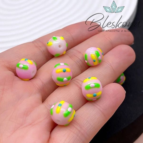 10 мм Бусина шар розовый полоски