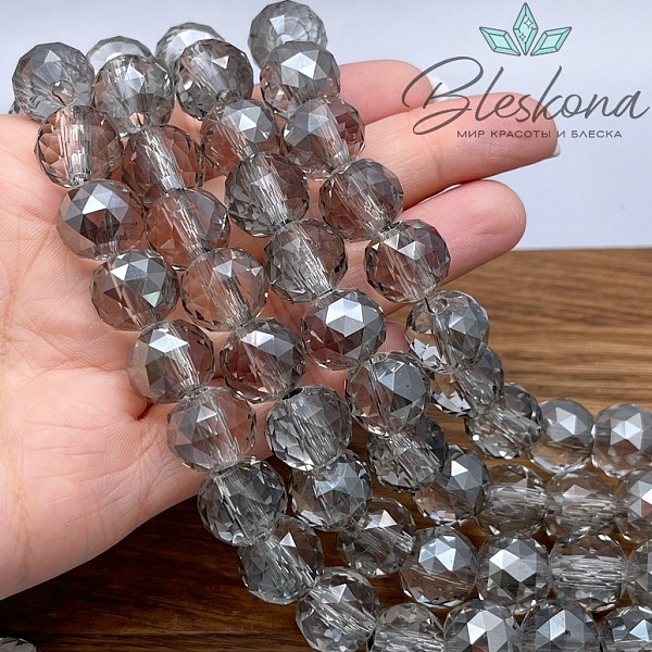 14 мм Бусины шар огранка, цвет серый с переливом, стекло Люкс