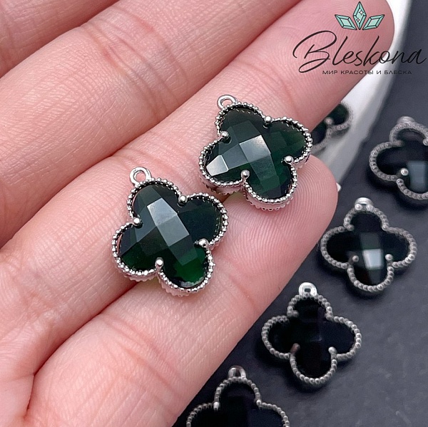 17*15 мм Цвет серебро, Подвеска клевер зеленый циркон 