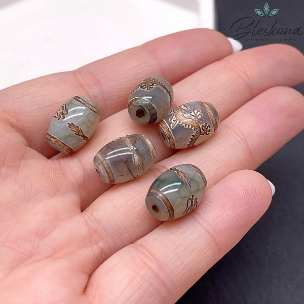 Бусина Дзи Дракон зелено-коричневый бочонок 10*14 мм