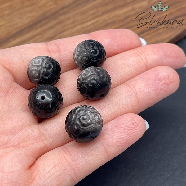 Резная бусина Узор Обсидиан серебристый шар 14 мм