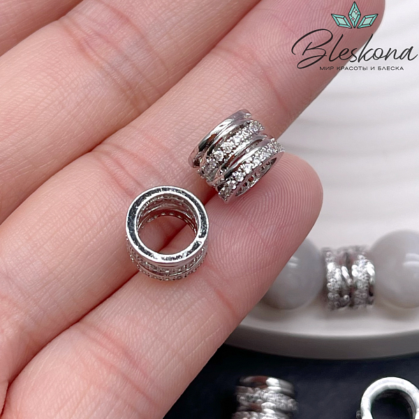 7*9,5 мм, Цвет серебро, Бусина цилиндр цирконы