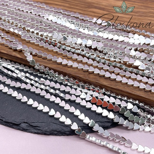 4 мм Гематин, цвет светлое серебро, сердце плоское имитация УЦЕНКА