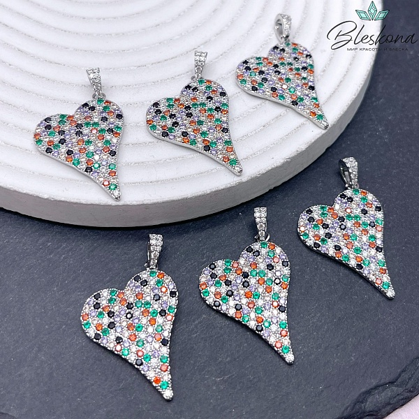 20*27мм, цвет серебро, Подвеска сердце микс цирконы 