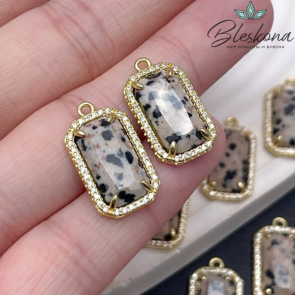 12*21мм, цвет золото ,Подвеска Прямоугольник Далматиновая Яшма в обрамлении цирконы