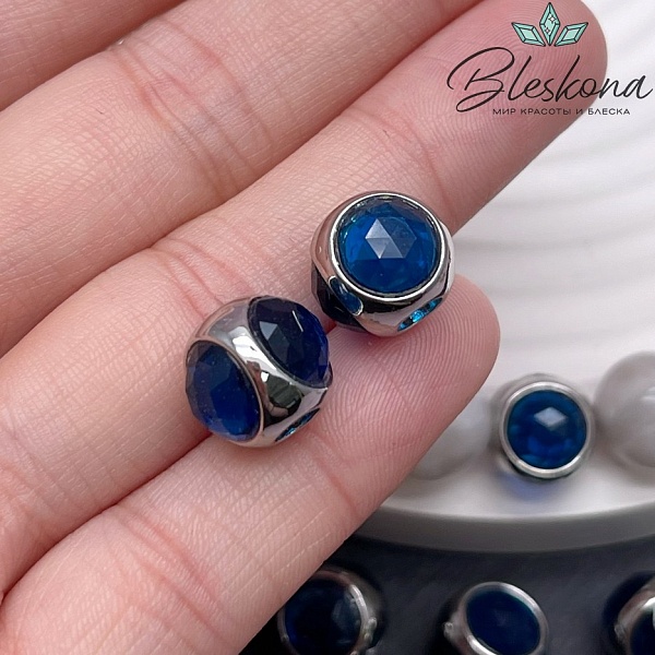 10 мм Цвет серебро, Бусина шар синее стекло