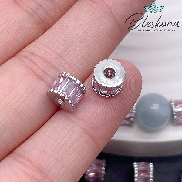 7*5 мм Цвет серебро, Бусина - разделитель розовый циркон