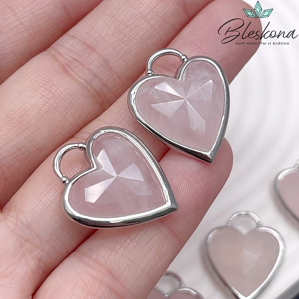 23,5*19 мм, Цвет серебро, Подвеска Сердце Розовый кварц огранка