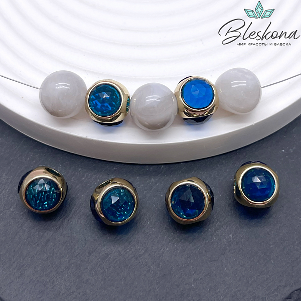 10 мм Цвет золото, Бусина шар синее стекло