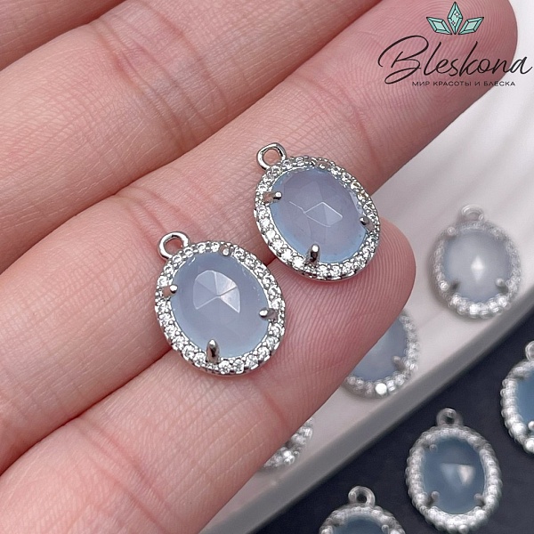 15*11 мм Цвет серебро, Подвеска овал Кварц тонированный голубой в обрамлении цирконы