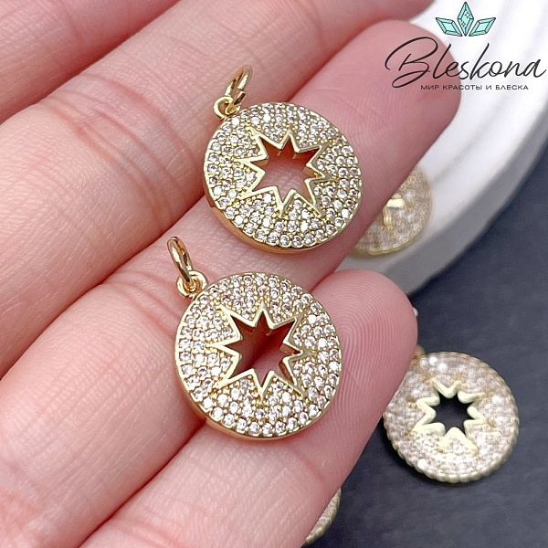 Подвеска Звезда северная в круге с цирконами, цвет золото 15мм