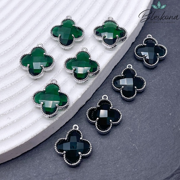 17*15 мм Цвет серебро, Подвеска клевер зеленый циркон 