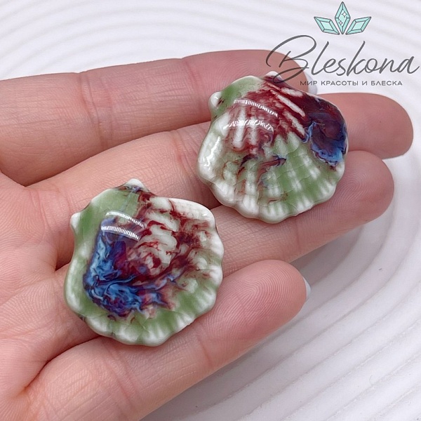27*25 мм Керамика Бусина ракушка зелено- фиолетовая 