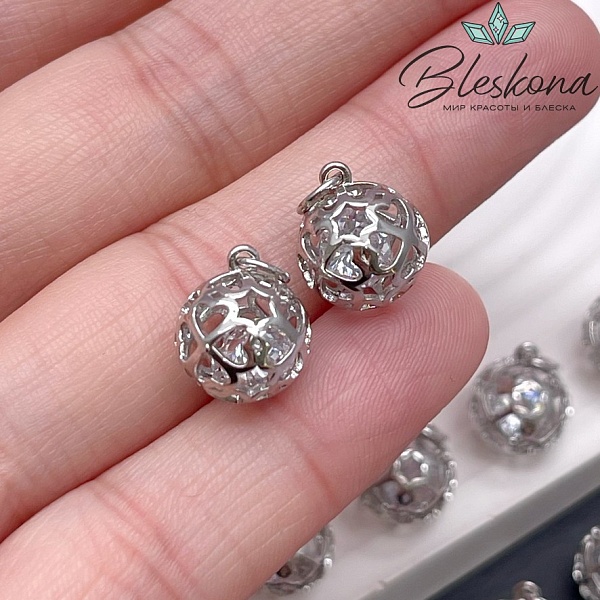 12*10 мм, цвет серебро, Подвеска шар сердечки с цирконом