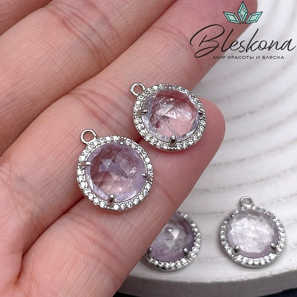 13 мм, цвет серебро Подвеска круг Лавандовый Аметист огранка в обрамлении цирконы