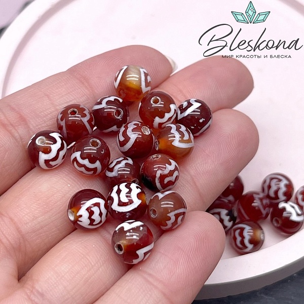 Бусина Дзи Птица Гаруда бело-коричневый шар 8 мм уп.15 шт.