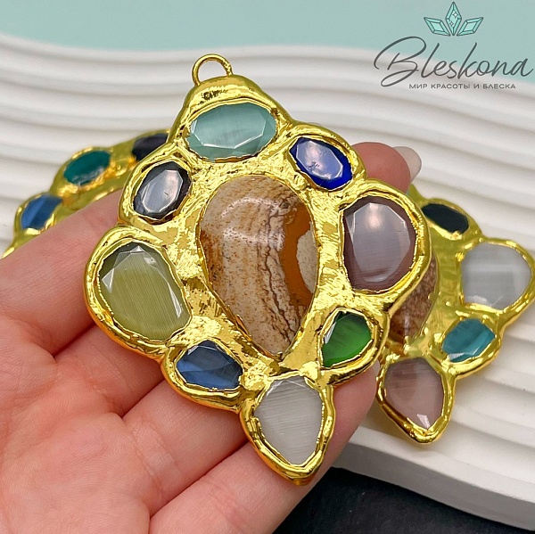 74*60 мм Цвет золото, Подвеска Песочная яшма и Микс камней №1