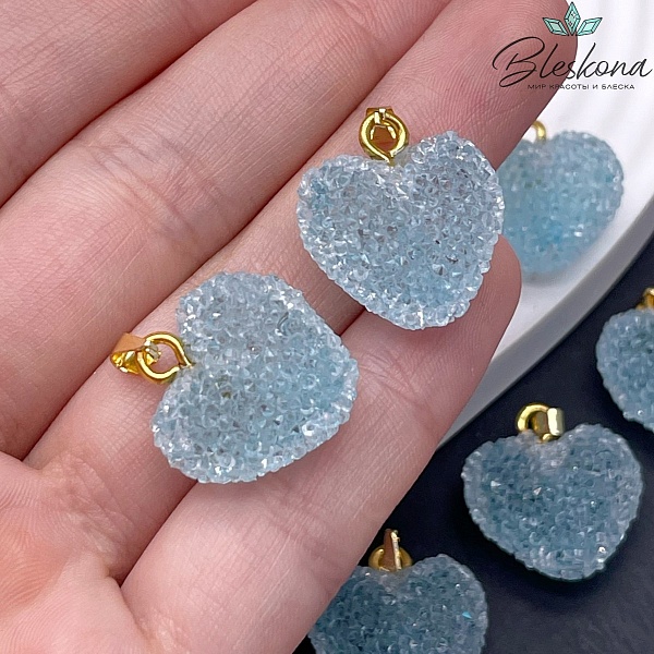 19*20 мм, Цвет золото, Подвеска мармеладное сердце голубое