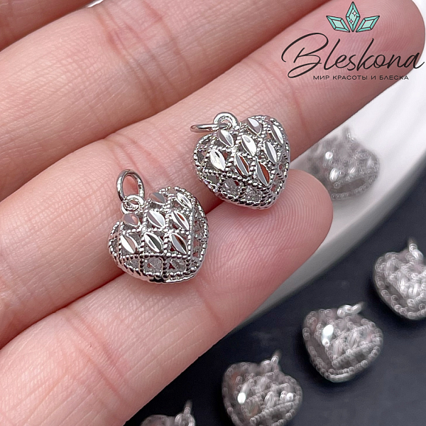 13*12 мм, цвет серебро, Подвеска сердце объемное ромбики