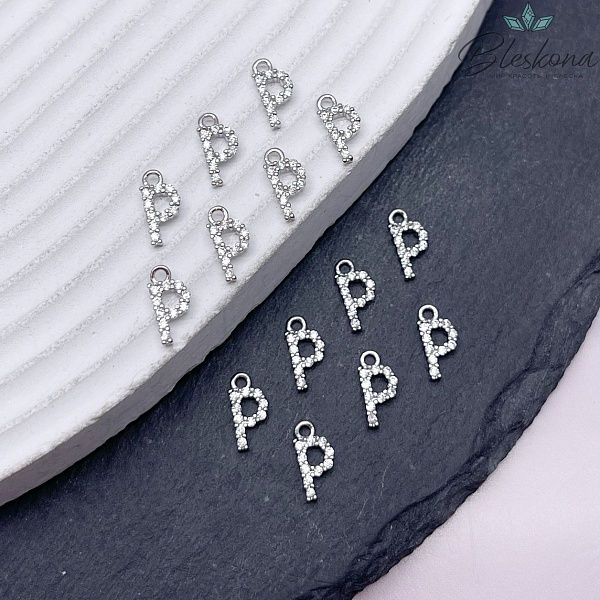 9,4 мм Цвет серебро, Буква Р цирконы 