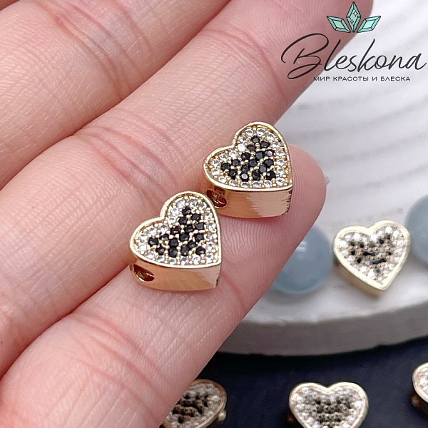 9,5*10,5мм, Цвет золото, Бусина сердце черные белые цирконы 