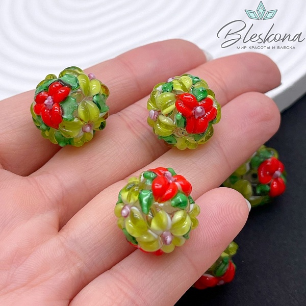 16 мм  Бусина шар цветок желто- красный