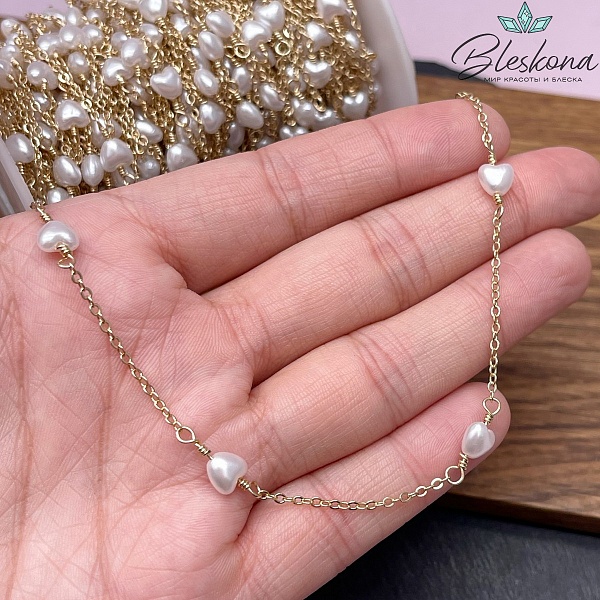 Цепь №268-1 цвет золото, имитация жемчуга сердце 6 мм