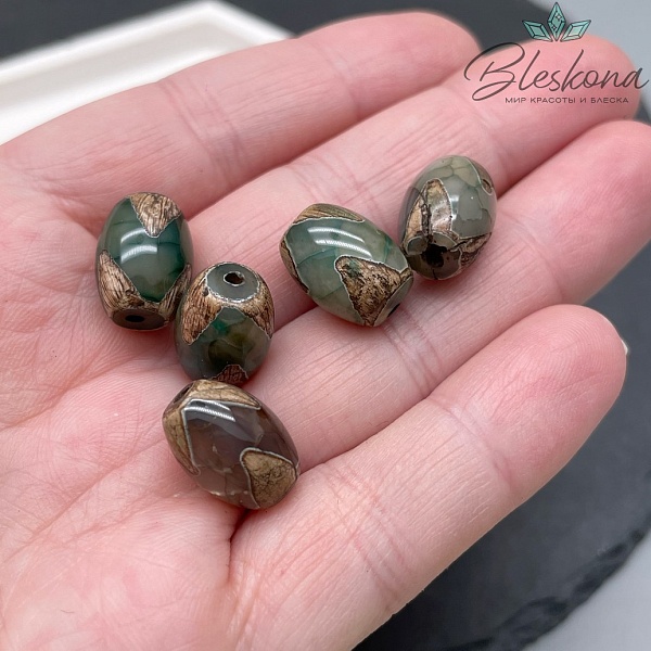 Бусина Дзи Тигриный клык зелено-коричневый бочонок 10*14 мм