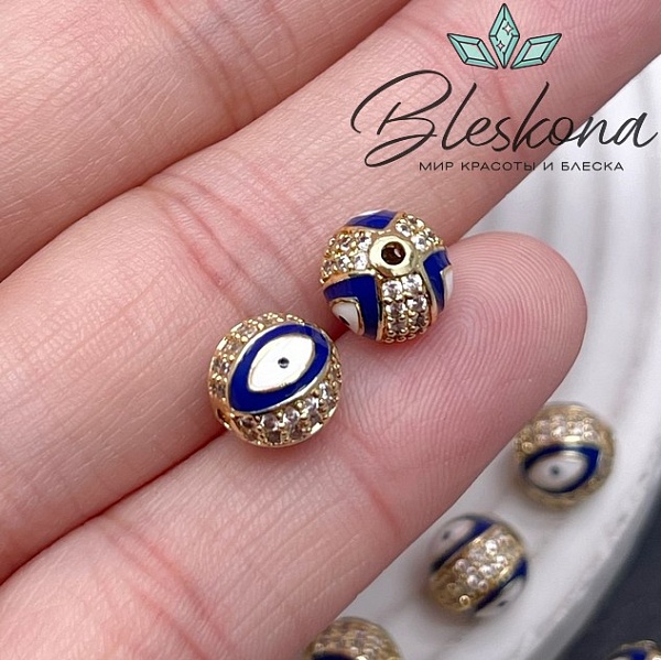 8,5 мм Цвет золото, Бусина с глазком синяя эмаль