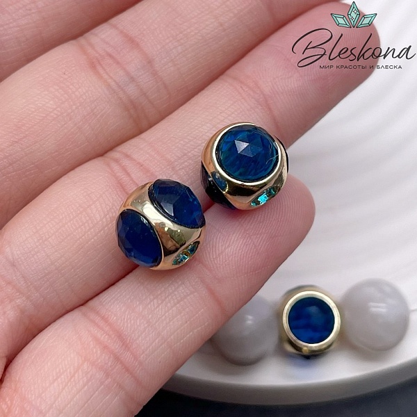 10 мм Цвет золото, Бусина шар синее стекло