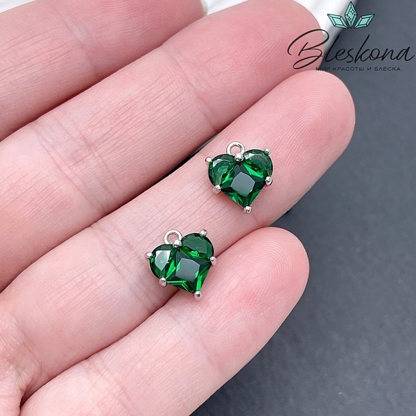10*9,5 мм Цвет серебро, Подвеска Сердце зеленые цирконы