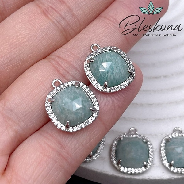 14мм, цвет серебро ,Подвеска квадрат Амазонит в обрамлении цирконы