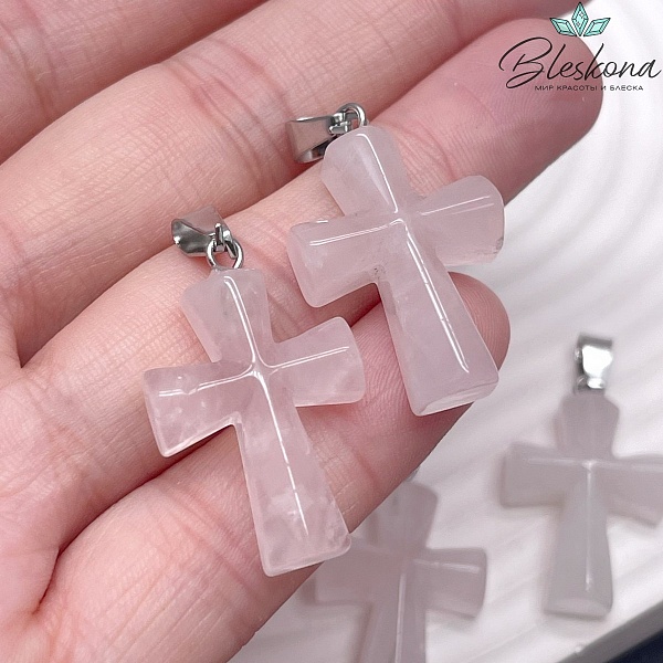 Подвеска крест Розовый кварц 28*17,5 мм