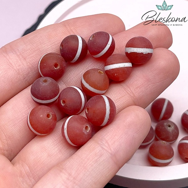 Бусина Дзи Медицина бело-коричневый матовый шар 10 мм уп.10 шт.