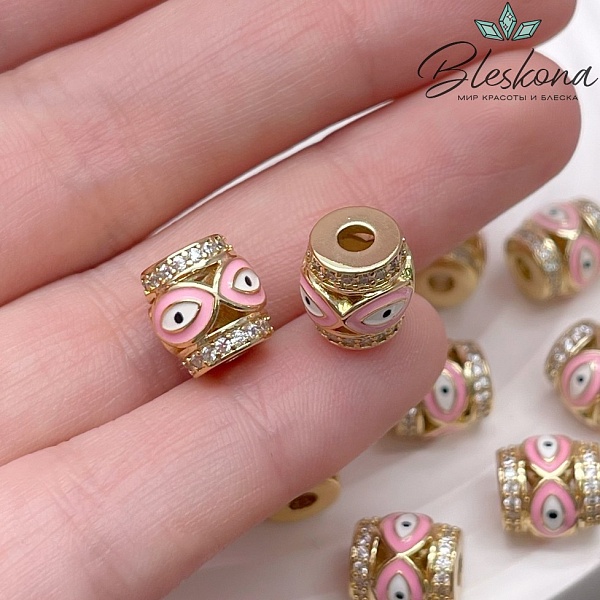 10*9,5 мм Цвет золото, Бусина бочонок глаза цирконы розовая эмаль