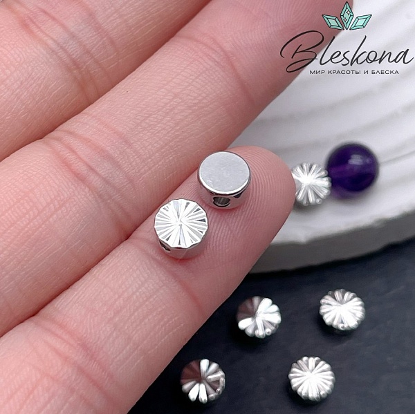 Ø6 мм, Цвет серебро, Бусина таблетка с насечками 