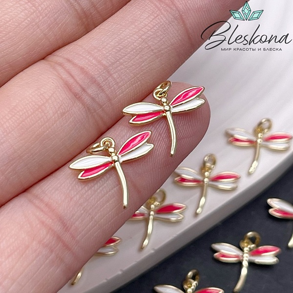 17*19 мм Цвет золото, Подвеска Стрекоза бело- красная эмаль